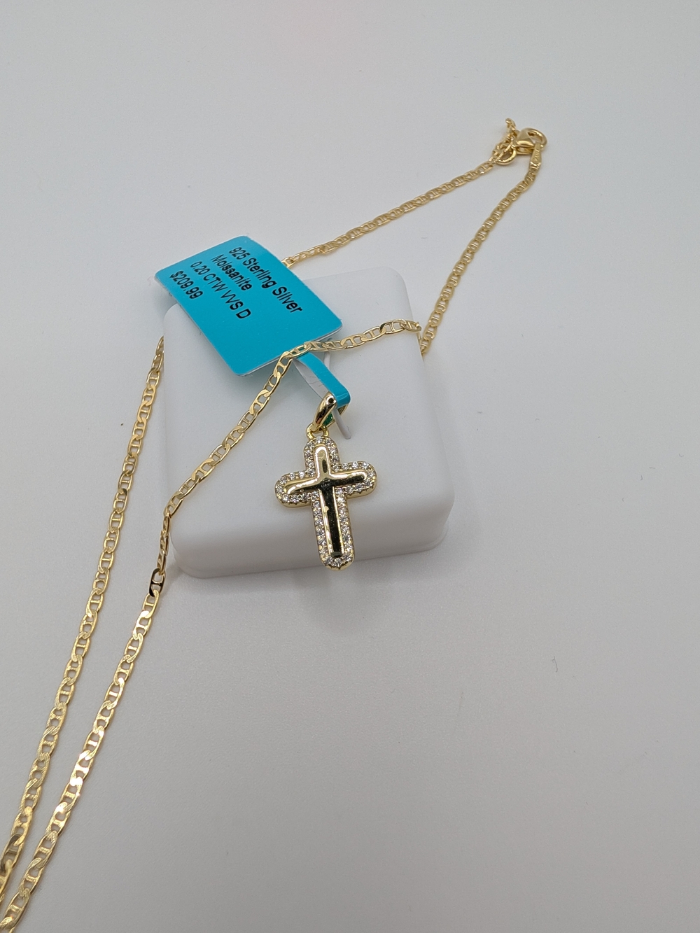 NWT 925 Sterling Silver Gold Plated 0.20 CTW Moissanite Cross Pendant Necklace